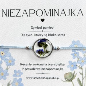 Bransoletka na sznurku z niezapominajką w żywicy na prezent silver 18 mm