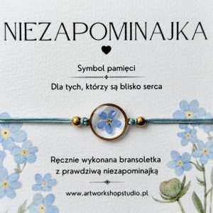 Bransoletka na sznurku z niezapominajką zatopioną w żywicy gold 14 mm