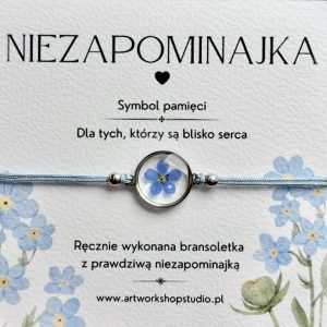Bransoletka na sznurku z niezapominajką zatopioną w żywicy silver 14 mm