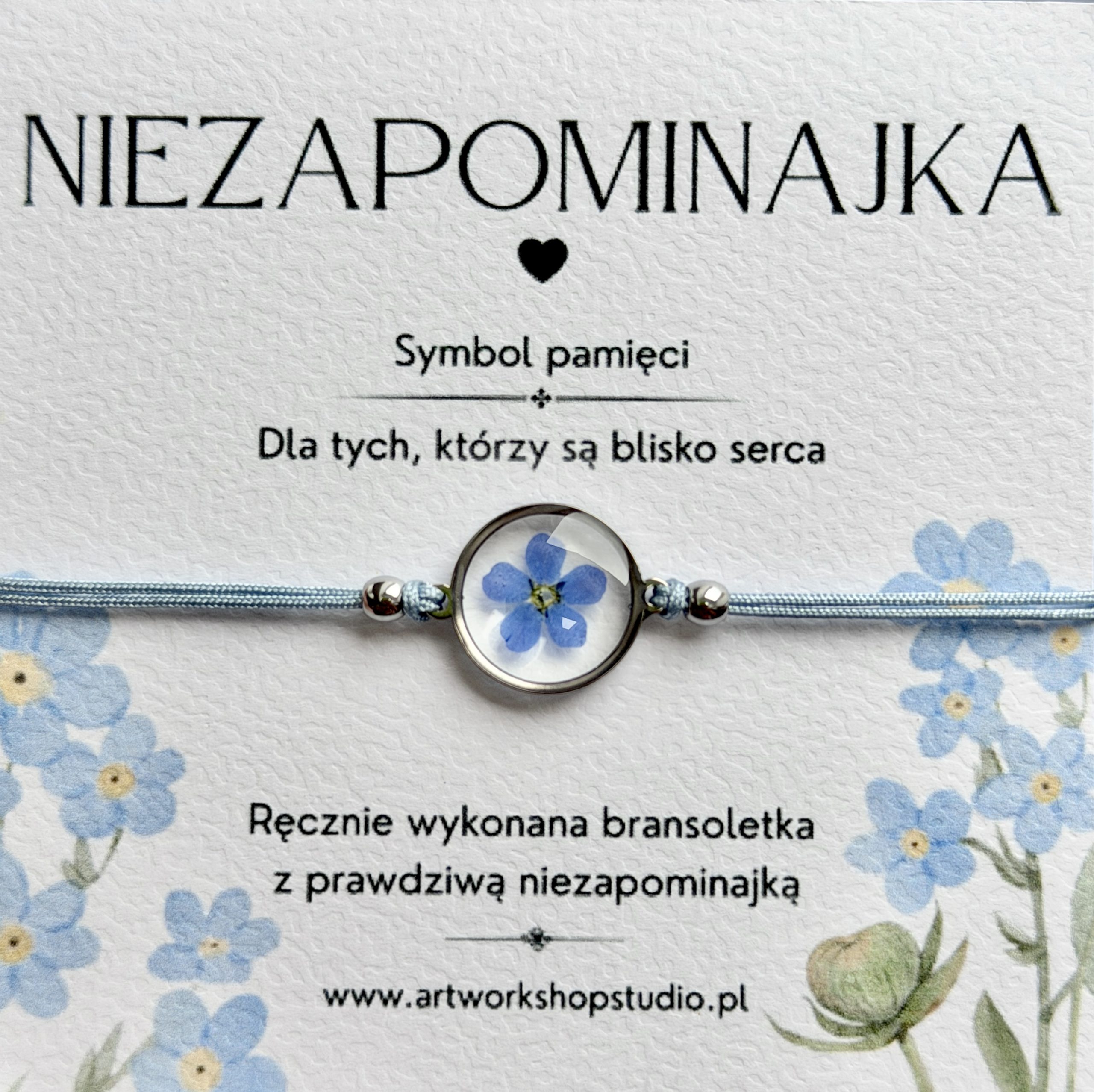 Bransoletka na sznurku z niezapominajką zatopioną w żywicy silver 14 mm